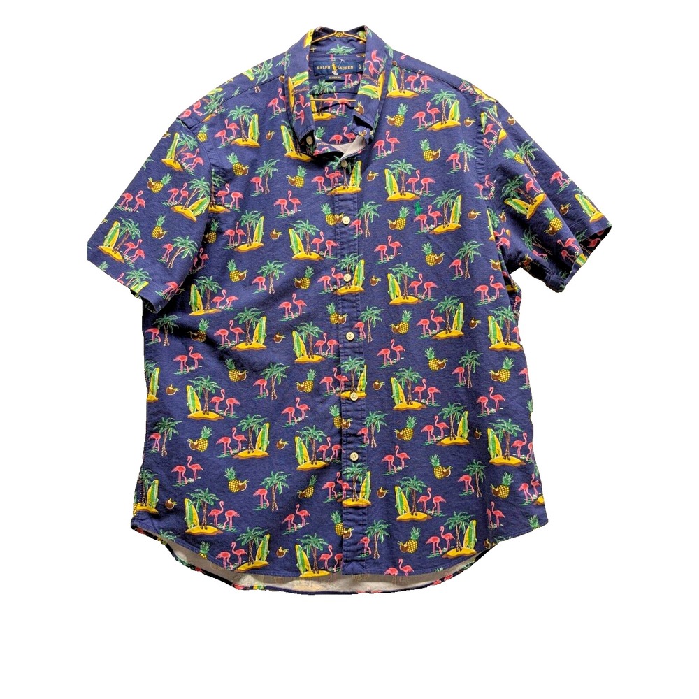 Ralph Lauren Mens Sz: L Short Sleeve Button Flamingo Hawaiian Camp Shirt Classic